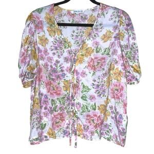 Rose & Olive Blouse, Floral Boho, V Neck Crop, Front Tie Top, Cottagecore